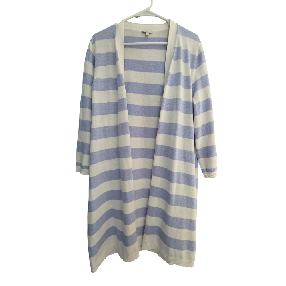 Talbots Woman Blue White Striped Open Front Long Cardigan Sweater 1X Plus Size